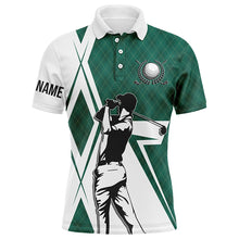 Load image into Gallery viewer, White Mens golf polo shirts custom green argyle pattern golf shirts for men, golfing gifts for mens NQS5839