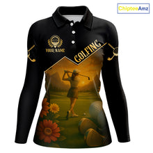 Load image into Gallery viewer, Black &amp; Gold Golf polo shirt for Women Custom  Ladies golf tops, gift for golfers NQS10339