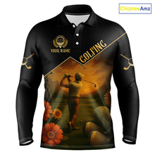 Load image into Gallery viewer, Black &amp; Gold Golf polo shirt for men Custom  Mens golf tops, gift for golfers NQS10339