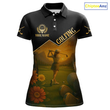 Load image into Gallery viewer, Black &amp; Gold Golf polo shirt for Women Custom  Ladies golf tops, gift for golfers NQS10339