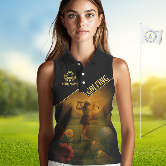 Black & Gold Golf sleeveless polo shirt for Women Custom Ladies golf tops, gift for golfers NQS10339