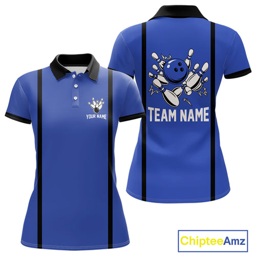 Retro Bowling Polo, Quarter Zip shirts For Women custom bowling team shirts Bowler Outfits | Blue NQS10546
