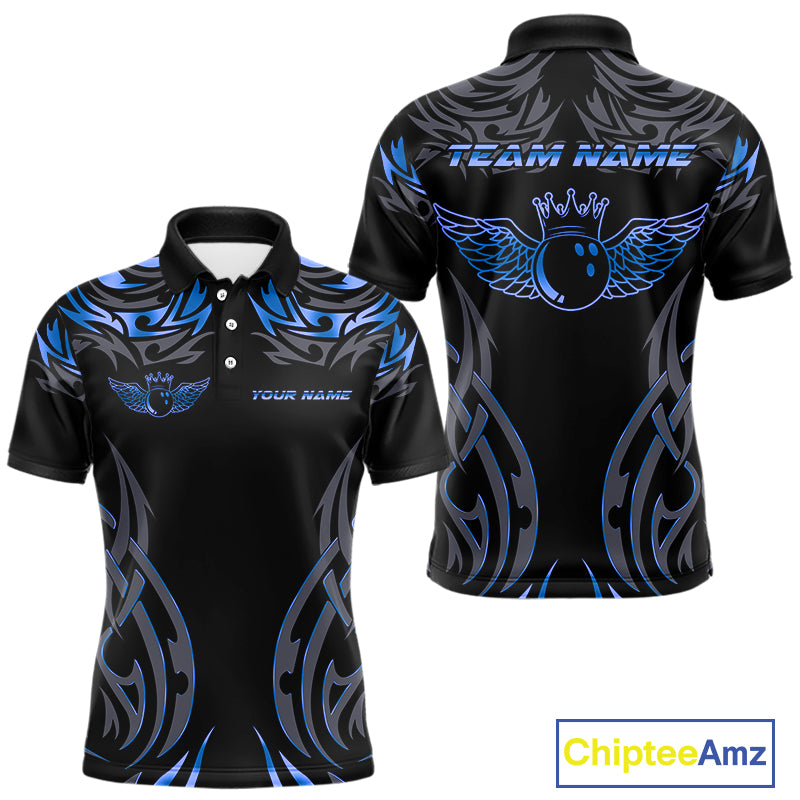 Personalized Black And Blue tribal pattern Bowling Shirts For Men, angel wings Bowling Team jerseys NQS10758