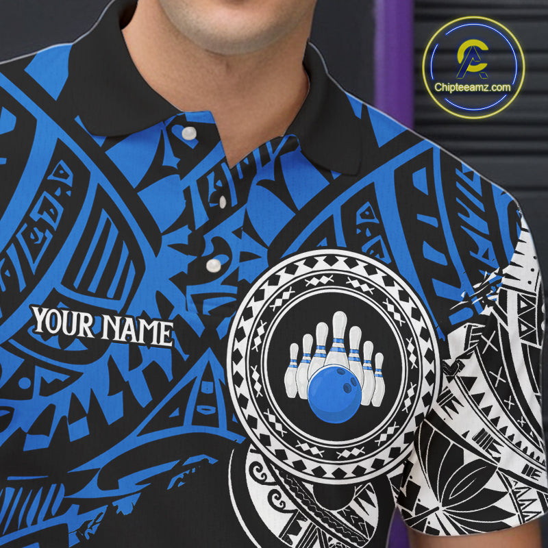 Personalized Black and Blue Tribal pattern Mens Bowling Shirts Custom Team Bowling outfit for men NQS10762