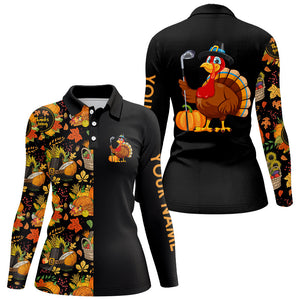 Thanksgiving pattern Black Women golf polo shirt Custom Turkey Bird golf tops for women Golf Gift NQS8817