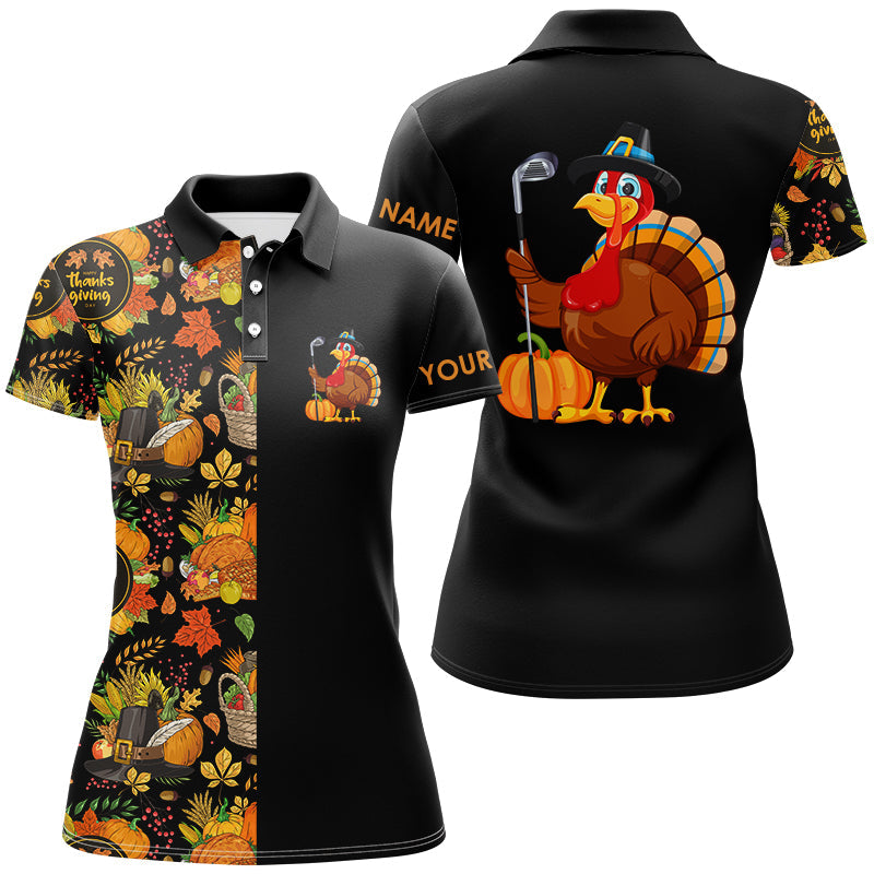 Thanksgiving pattern Black Women golf polo shirt Custom Turkey Bird golf tops for women Golf Gift NQS8817