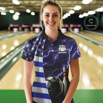 Blue Lightning Thunder American Flag Bowling Shirts For Women Custom patriotic team bowling jerseys NQS10960