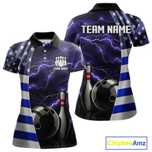 Load image into Gallery viewer, Blue Lightning Thunder American Flag Bowling Shirts For Women Custom patriotic team bowling jerseys NQS10960