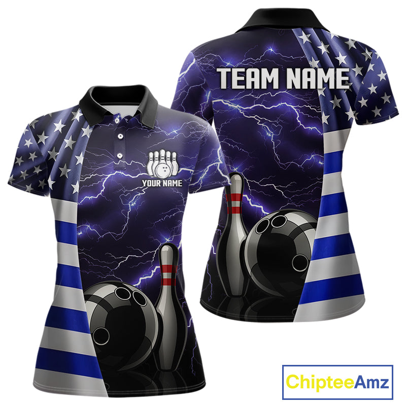 Blue Lightning Thunder American Flag Bowling Shirts For Women Custom patriotic team bowling jerseys NQS10960