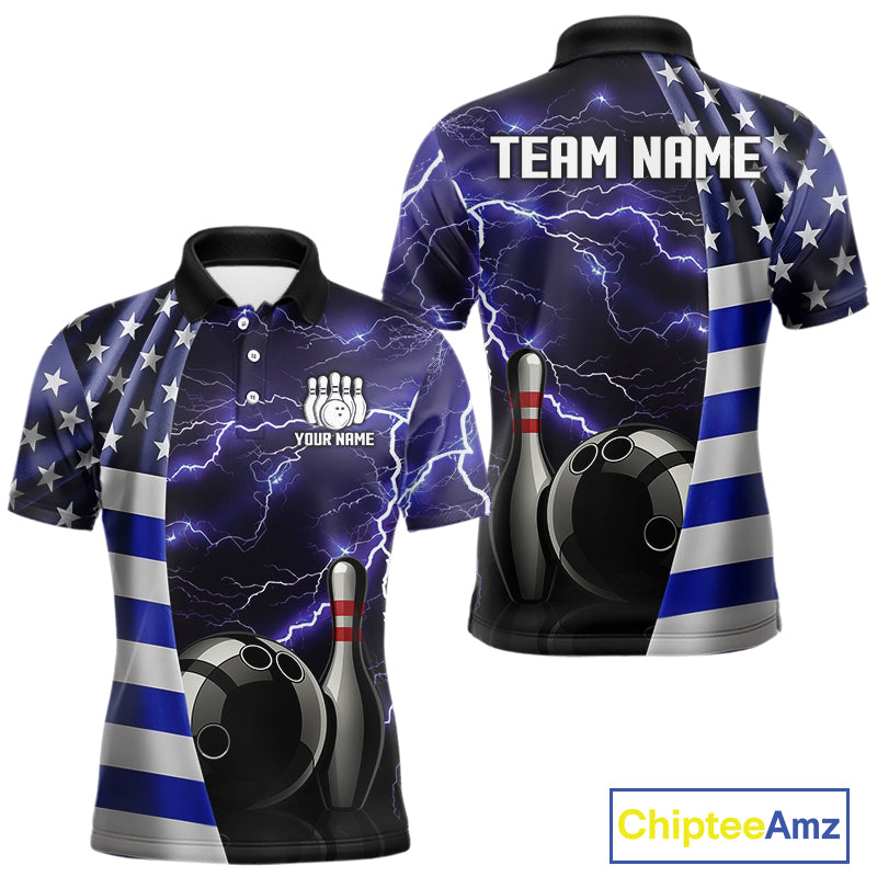 Blue Lightning Thunder American Flag Bowling Shirts For Men Custom patriotic team bowling jerseys NQS10960