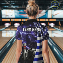 Load image into Gallery viewer, Blue Lightning Thunder American Flag Bowling Shirts For Women Custom patriotic team bowling jerseys NQS10960