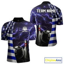 Load image into Gallery viewer, Blue Lightning Thunder American Flag Bowling Shirts For Men Custom patriotic team bowling jerseys NQS10960