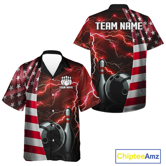 Red Lightning Thunder American Flag Hawaiian bowling jersey Custom patriotic team bowling shirt NQS10961