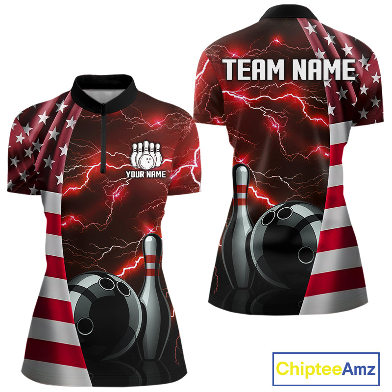 Red Lightning Thunder American Flag Bowling Shirts For Women Custom patriotic team bowling jerseys NQS10961