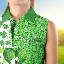 Load image into Gallery viewer, Green glitter shamrock clover Womens Sleeveless Polo Shirt custom St Patrick day golf shirt for ladies NQS9462