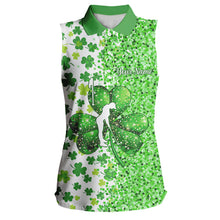 Load image into Gallery viewer, Green glitter shamrock clover Womens Sleeveless Polo Shirt custom St Patrick day golf shirt for ladies NQS9462