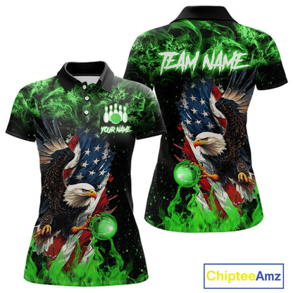 Green Flame American Flag Eagle bowling shirts for Women Custom Bowling Team Jersey, gift for Bowler NQS11555