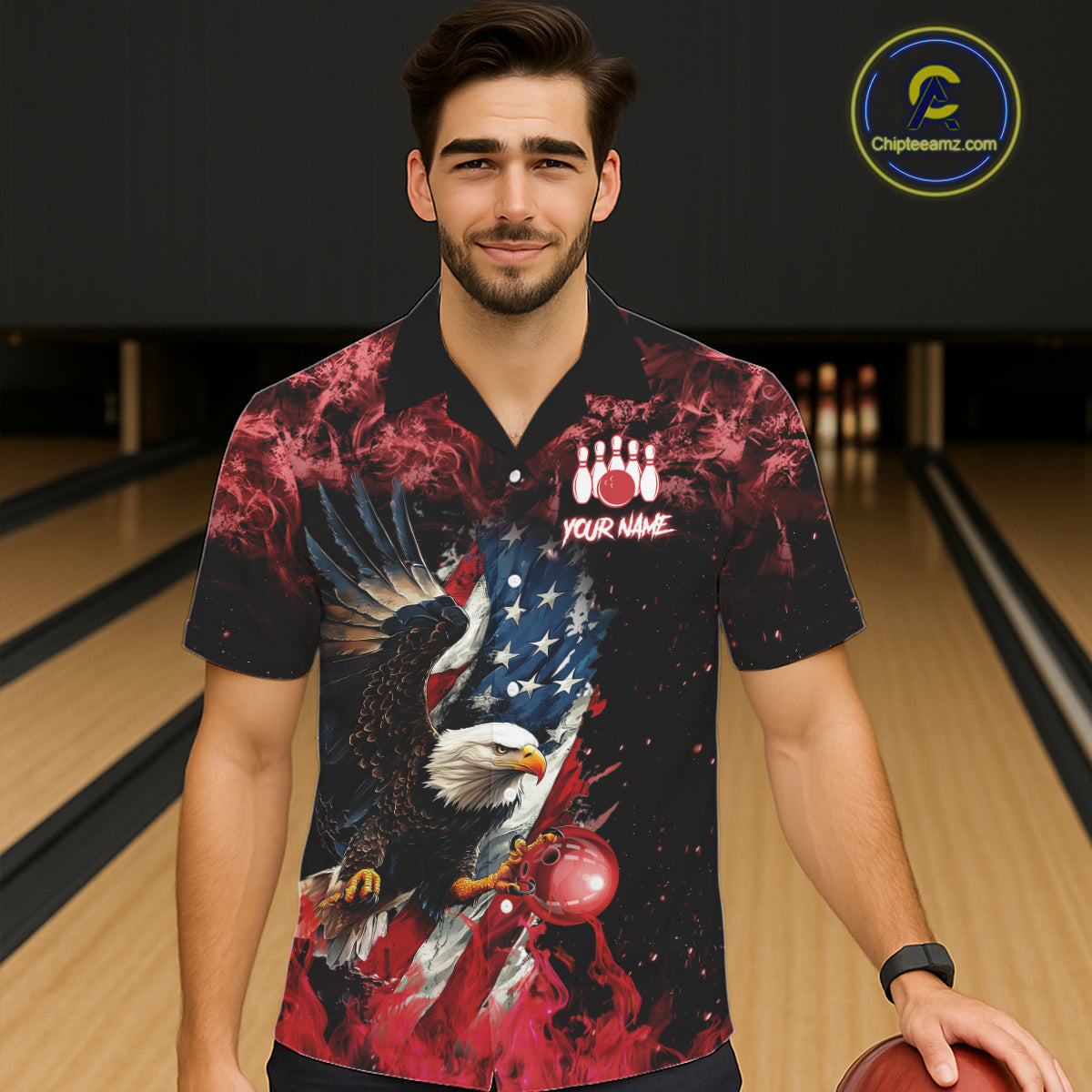 Red Flame American Flag Eagle Bowling Hawaiian shirt Custom Bowling Team button-up shirts NQS11556