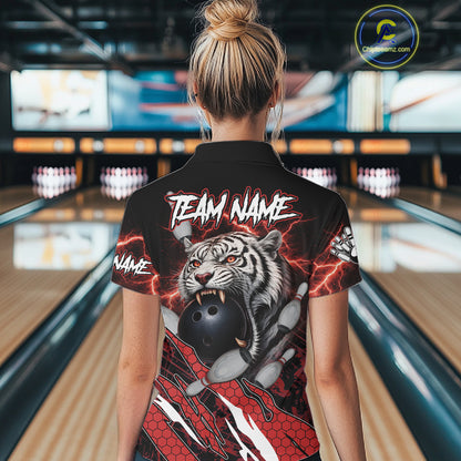 Black and Red Lightning Thunder Tiger Bowling Polo, 1/4 Zip Jersey for Women, Bowling Team shirts NQS11571