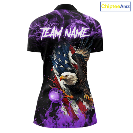 Purple Flame American Flag Eagle bowling shirts for Women Custom Bowling Team Jersey, gift for Bowler NQS11557