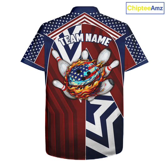 Red, White and Blue American Flag Flame Bowling Hawaiian shirt Custom patriotic Team Bowling Jersey NQS11558