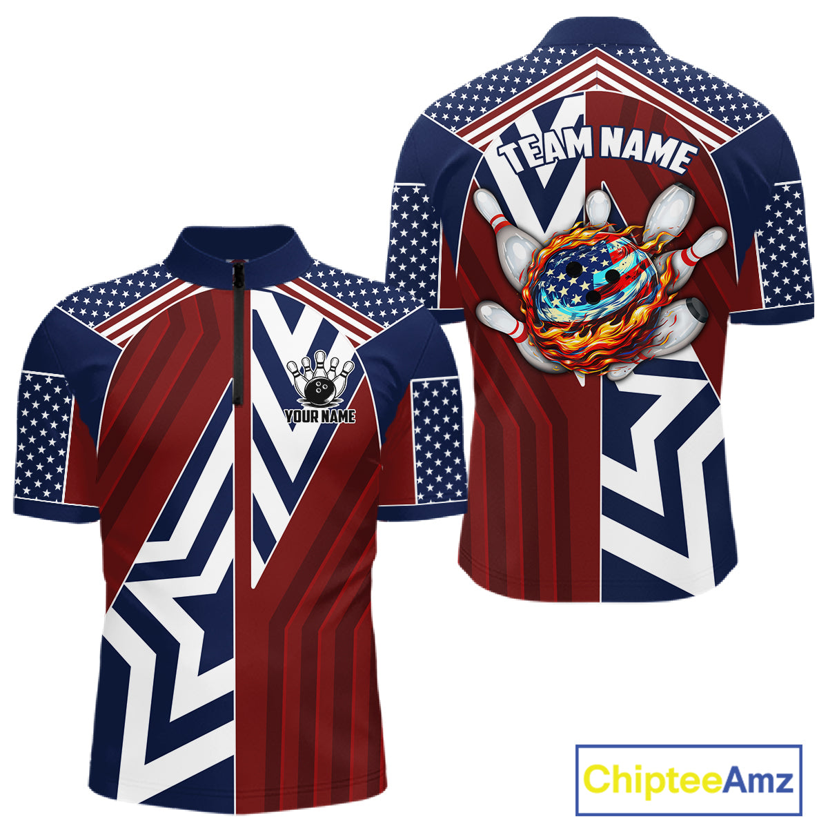 Red, White and Blue American Flag Flame Bowling shirts for Men Custom patriotic Team Bowling Jerseys NQS11558