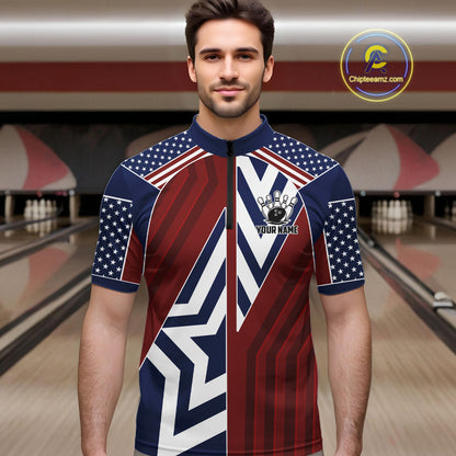 Red, White and Blue American Flag Flame Bowling shirts for Men Custom patriotic Team Bowling Jerseys NQS11558