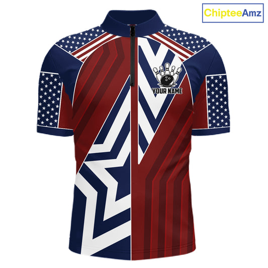 Red, White and Blue American Flag Flame Bowling shirts for Men Custom patriotic Team Bowling Jerseys NQS11558