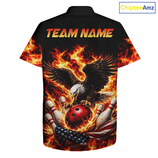 Custom Flame American Flag Eagle Bowling Hawaiian Shirts, Patriotic Eagle Bowling Team Jerseys NQS11560
