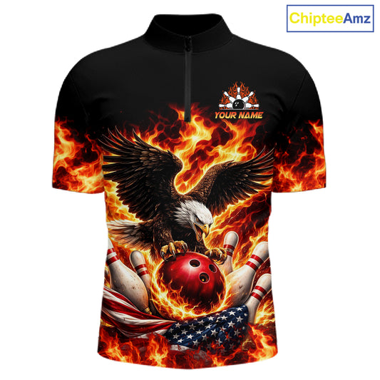 Custom Flame American Flag Eagle Bowling Shirts, Patriotic Eagle Bowling Team Jerseys For Men NQS11560