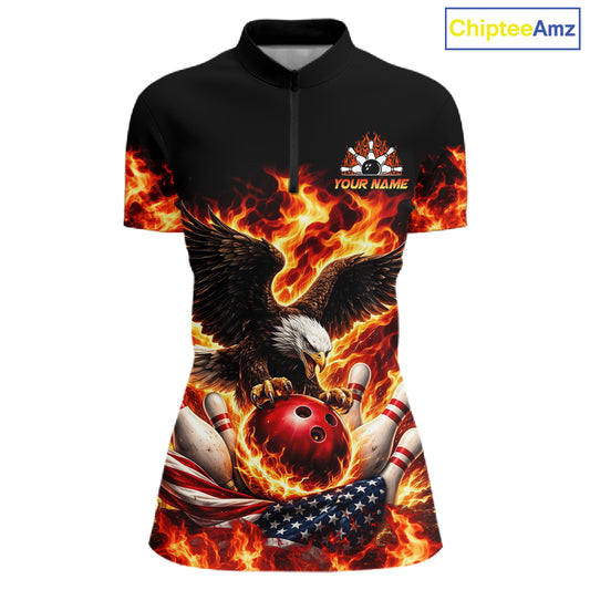 Custom Flame American Flag Eagle Bowling Shirts, Patriotic Eagle Bowling Team Jerseys For Women NQS11560