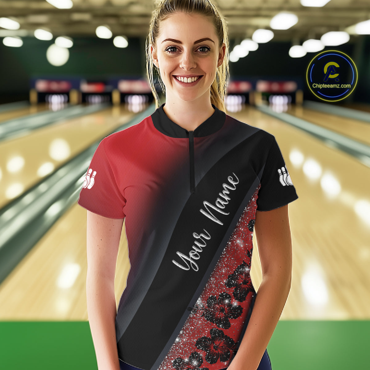 Black and Red Glitter Flower Bowling Polo, Quarter Zip Shirt for Women Custom Bowling Team Jerseys NQS11686
