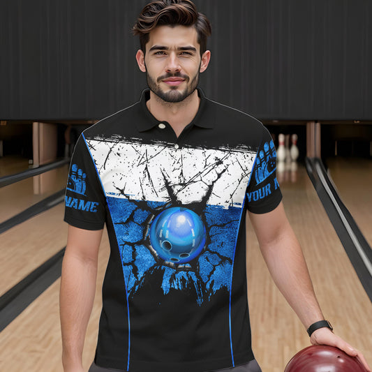 Black, White and Blue Retro broken Bowling ball Polo, 1/4 Zip Shirt For Men Custom Bowling Team Shirts NQS9789