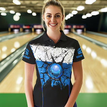 Load image into Gallery viewer, Black, White &amp; Blue Retro broken Bowling ball Polo, 1/4 Zip Shirt For Women Custom Bowling Team Shirts NQS9789