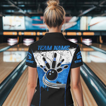 Load image into Gallery viewer, Black, White &amp; Blue Retro broken Bowling ball Polo, 1/4 Zip Shirt For Women Custom Bowling Team Shirts NQS9789