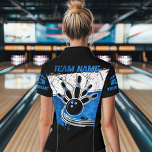 Load image into Gallery viewer, Black, White &amp; Blue Retro broken Bowling ball Polo, 1/4 Zip Shirt For Women Custom Bowling Team Shirts NQS9789