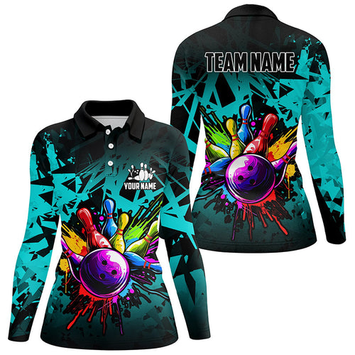 Colorful bowling jersey Polo, 1/4 Zip Shirt for Women Custom Bowling Team shirts for bowler| Cyan Blue NQS7707
