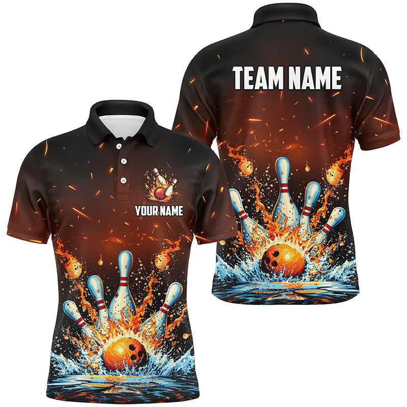 Fire and Water bowling ball pins jersey Polo, 1/4 Zip Shirt for Men Custom Flame Bowling Team shirts NQS7709