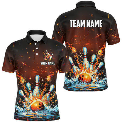 Fire and Water bowling ball pins jersey Polo, 1/4 Zip Shirt for Men Custom Flame Bowling Team shirts NQS7709