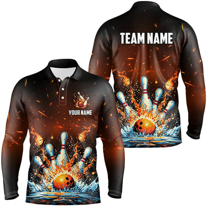 Fire and Water bowling ball pins jersey Polo, 1/4 Zip Shirt for Men Custom Flame Bowling Team shirts NQS7709