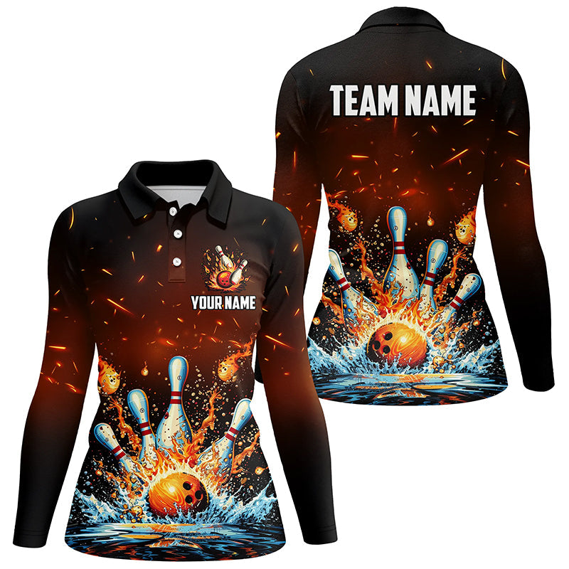 Fire and Water bowling ball pins jersey Polo, 1/4 Zip Shirt for Women Custom Flame Bowling Team shirts NQS7709