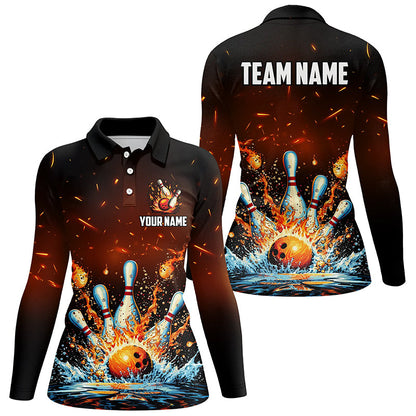 Fire and Water bowling ball pins jersey Polo, 1/4 Zip Shirt for Women Custom Flame Bowling Team shirts NQS7709