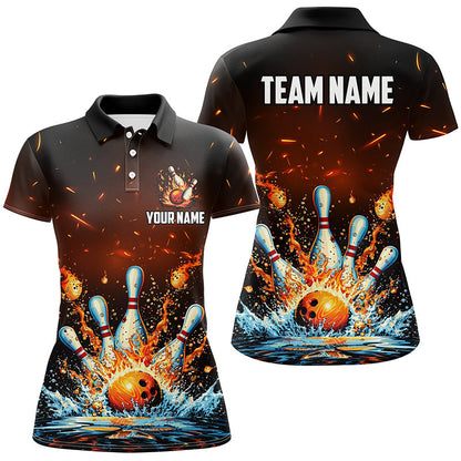 Fire and Water bowling ball pins jersey Polo, 1/4 Zip Shirt for Women Custom Flame Bowling Team shirts NQS7709