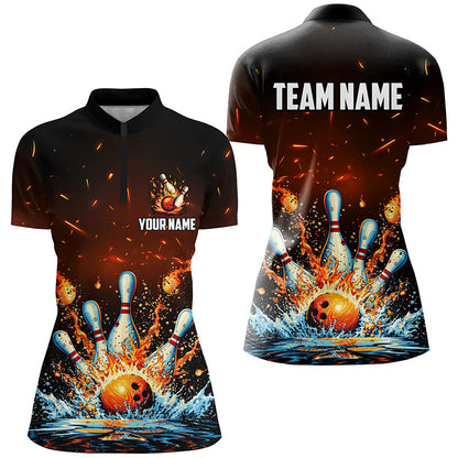 Fire and Water bowling ball pins jersey Polo, 1/4 Zip Shirt for Women Custom Flame Bowling Team shirts NQS7709