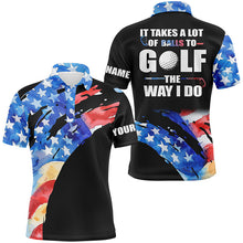 Load image into Gallery viewer, American Flag Black Mens golf polos shirts custom It takes a lot of balls to golf the way I do NQS7710
