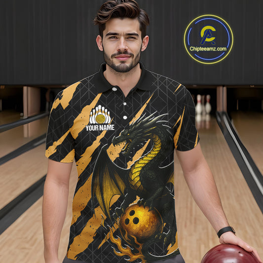 Black and Gold Dragon Bowling Polo, Quarter Zip Shirts for Men Custom Bowling Outfit Team jersey NQS10037