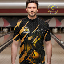 Load image into Gallery viewer, Black and Gold Dragon Bowling Polo, Quarter Zip Shirts for Men Custom Bowling Outfit Team jersey NQS10037