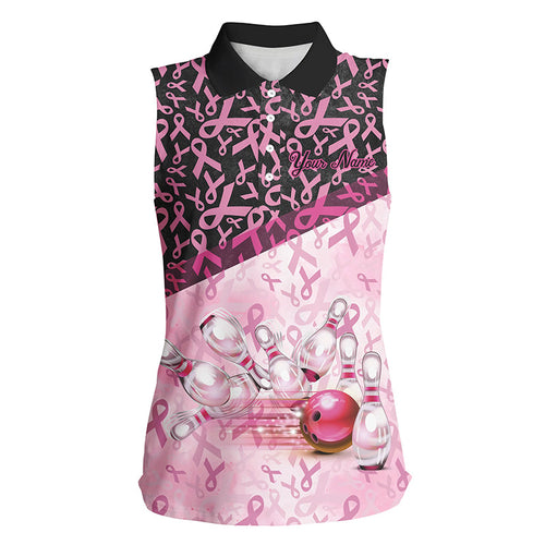 Pink and black ribbon pattern Sleeveless Polo Shirt Custom Breast Cancer Awareness bowling jerseys NQS7949
