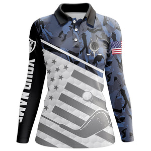 Womens golf polos shirts custom name blue camo American flag patriotic lady golf clothes NQS6029