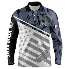 Load image into Gallery viewer, Mens golf polo shirts custom name blue camo American flag patriotic golf apparel for men NQS6029